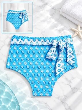 J. Crew Bikini Bottom Mixed-Print High-Waist Belted Front Bow Blue/White Stretch